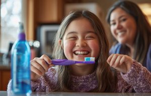 Child holding a toothbrush during a daily-care routine