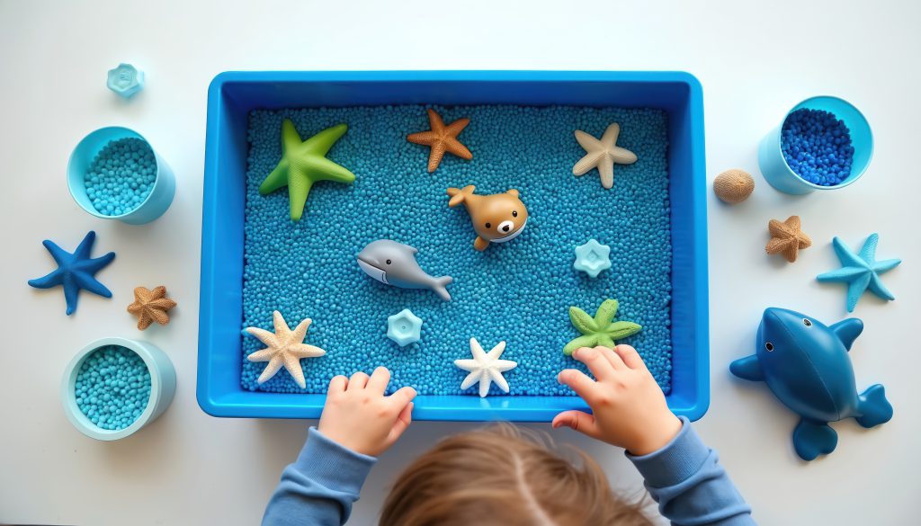 Child playing with a blue sensory bin filled with ocean-themed objects