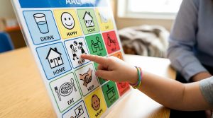 Child selecting symbols on a low-tech AAC communication board