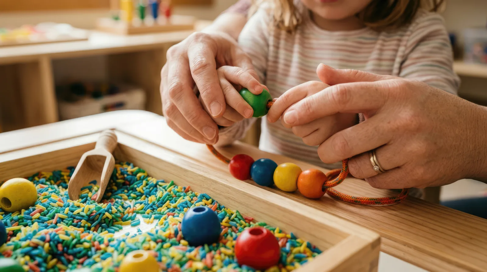 Adult helping a child string colorful beads over a sensory bin