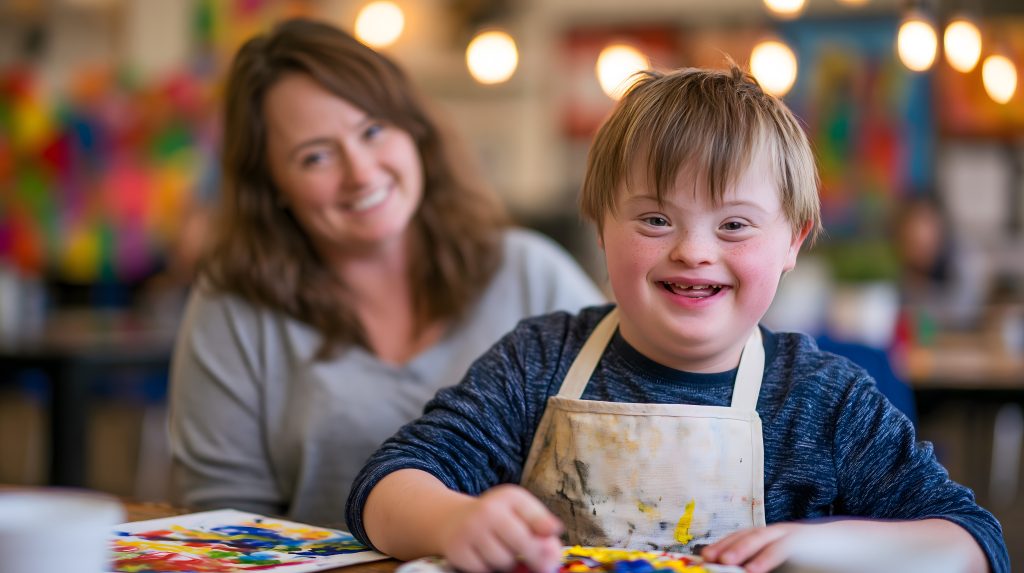 Boy smiling while painting with an adult nearby