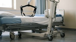 Patient lift positioned beside a bed