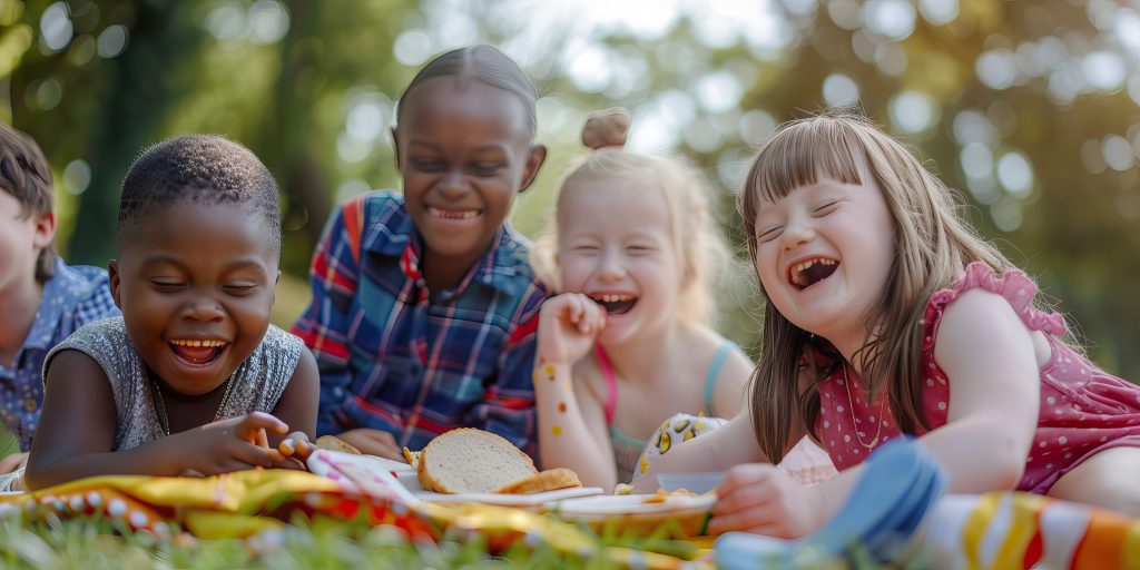 Children lying together outdoors and smiling