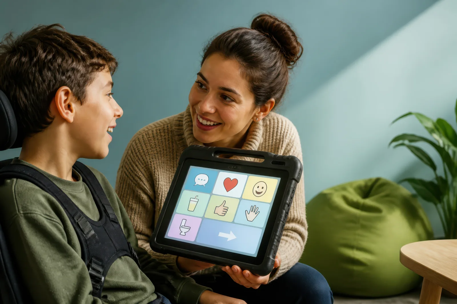 Adult supporting a child using an AAC communication device