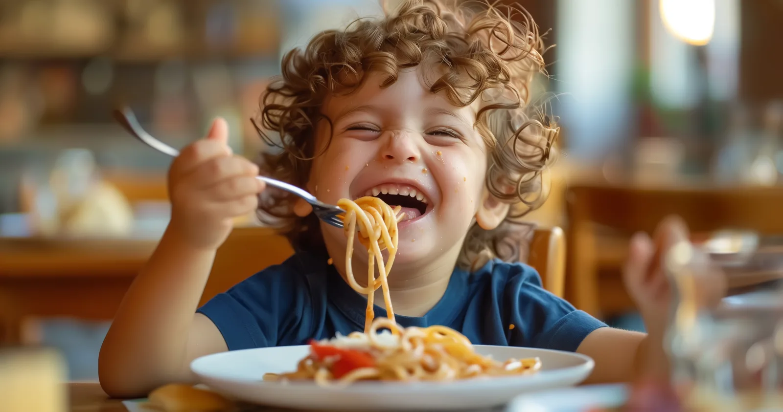 Smiling child enjoying a plate of pasta