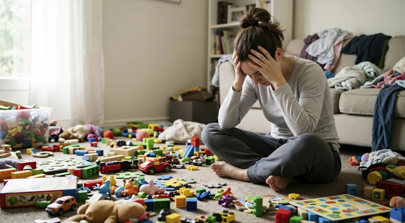 Overwhelmed caregiver sitting among toys and household clutter