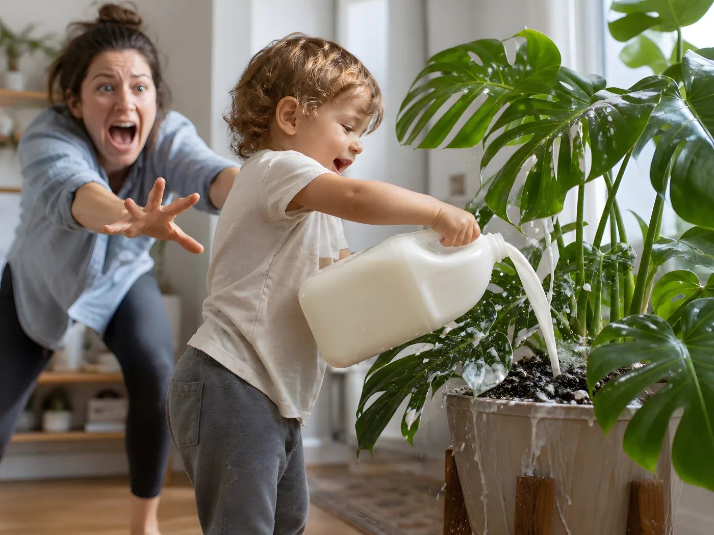 Caregiver reacting as a child pours liquid onto a houseplant