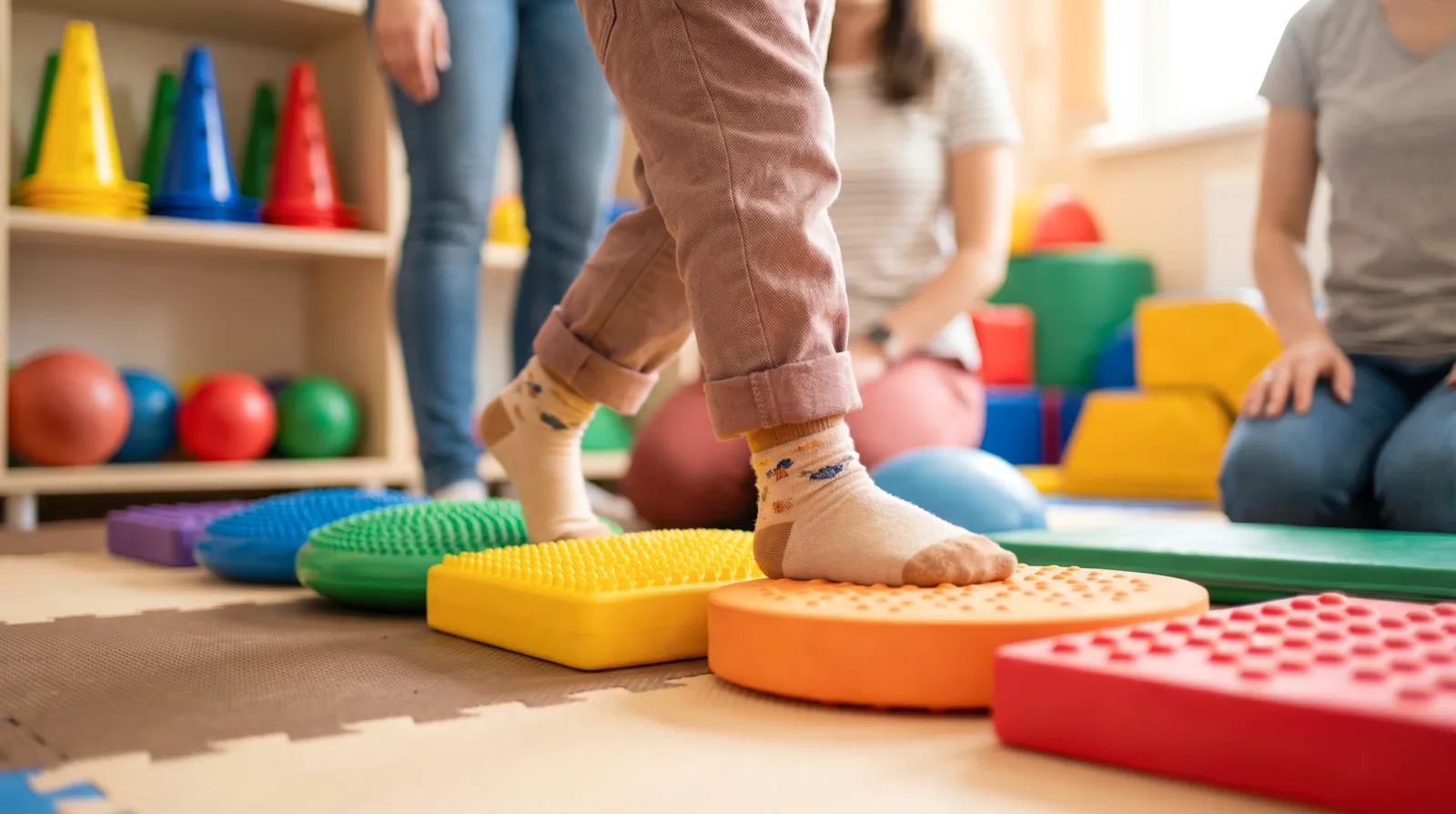 Child walking across sensory stepping blocks
