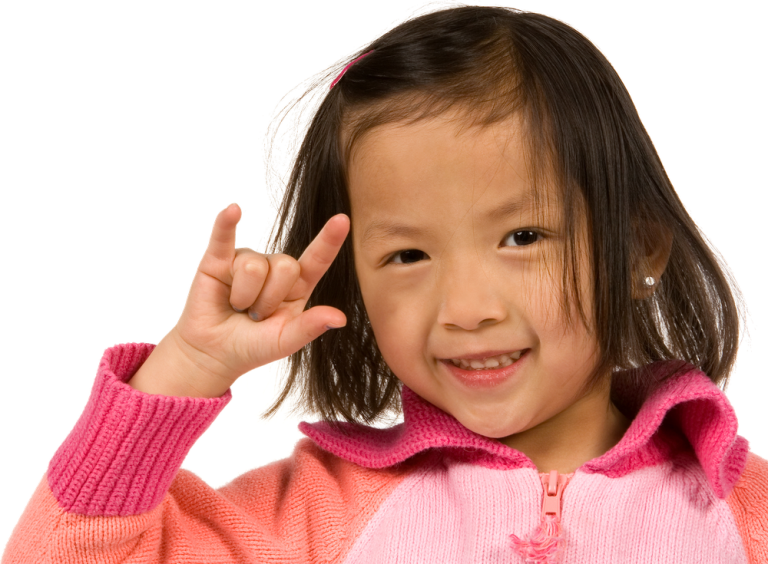 Child signing “I love you” in American Sign Language