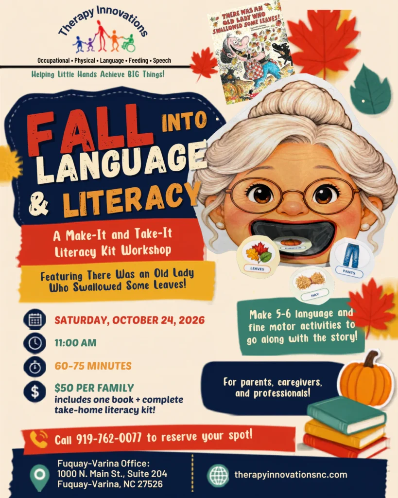 Flyer for the Fall Into Language and Literacy Make-It and Take-It workshop. Every detail it shows — date, time, length, cost, location and the number to call — is also written out on this page.
